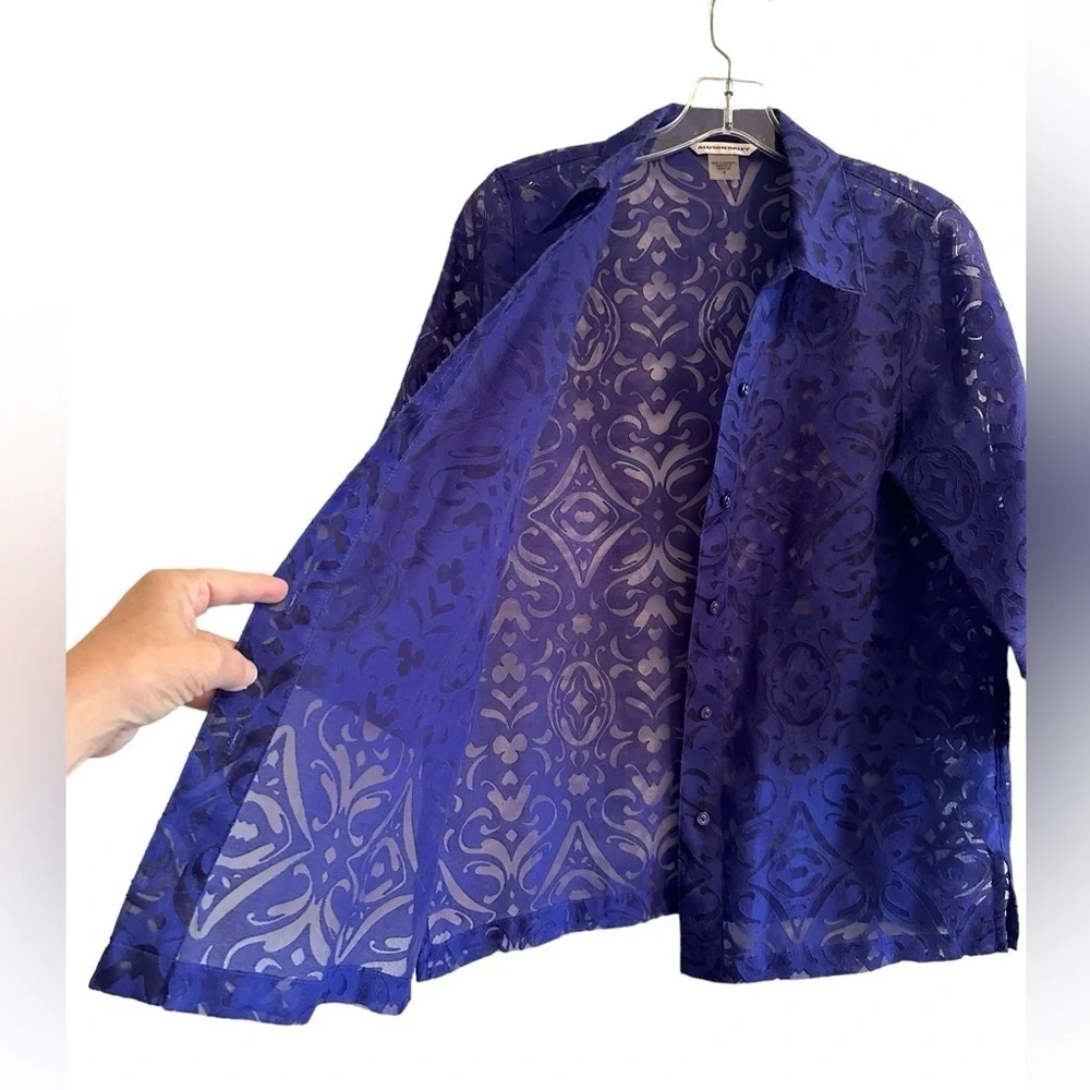 Allison Daley Deep Purple Sheer Button Down Blouse Womens 8 Lovely Summer Top - Picture 3 of 16